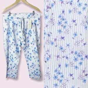 Sigal White Purple Queen Floral Drawstring Cotton Linen Pants Size Small Medium